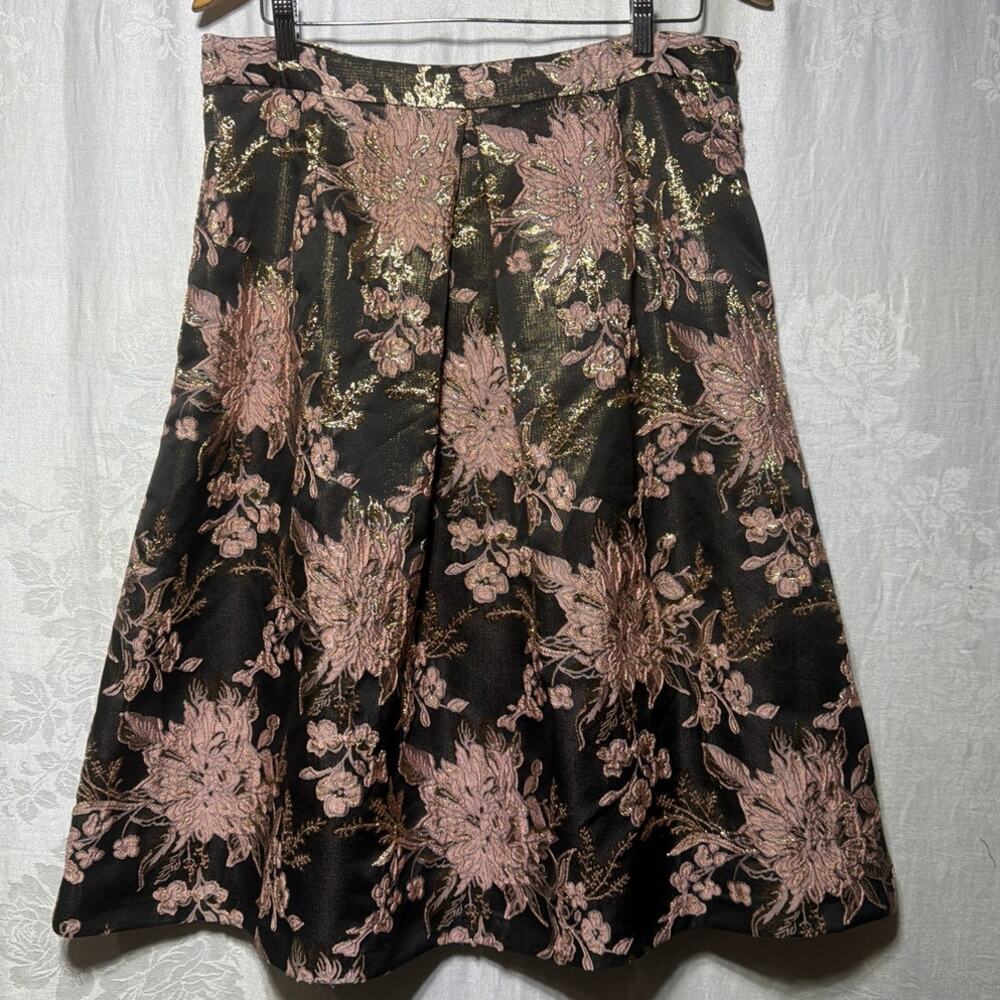 Miss Selfridge Skirt US 12 Brown Gold Rose Embroidered Floral Lined A Line - Picture 1 of 7